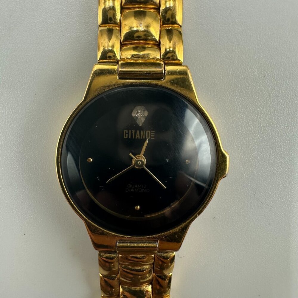 3/$30 Vintage Gitano Watch Women Gold Tone Black Dial Diamond Accent  7"